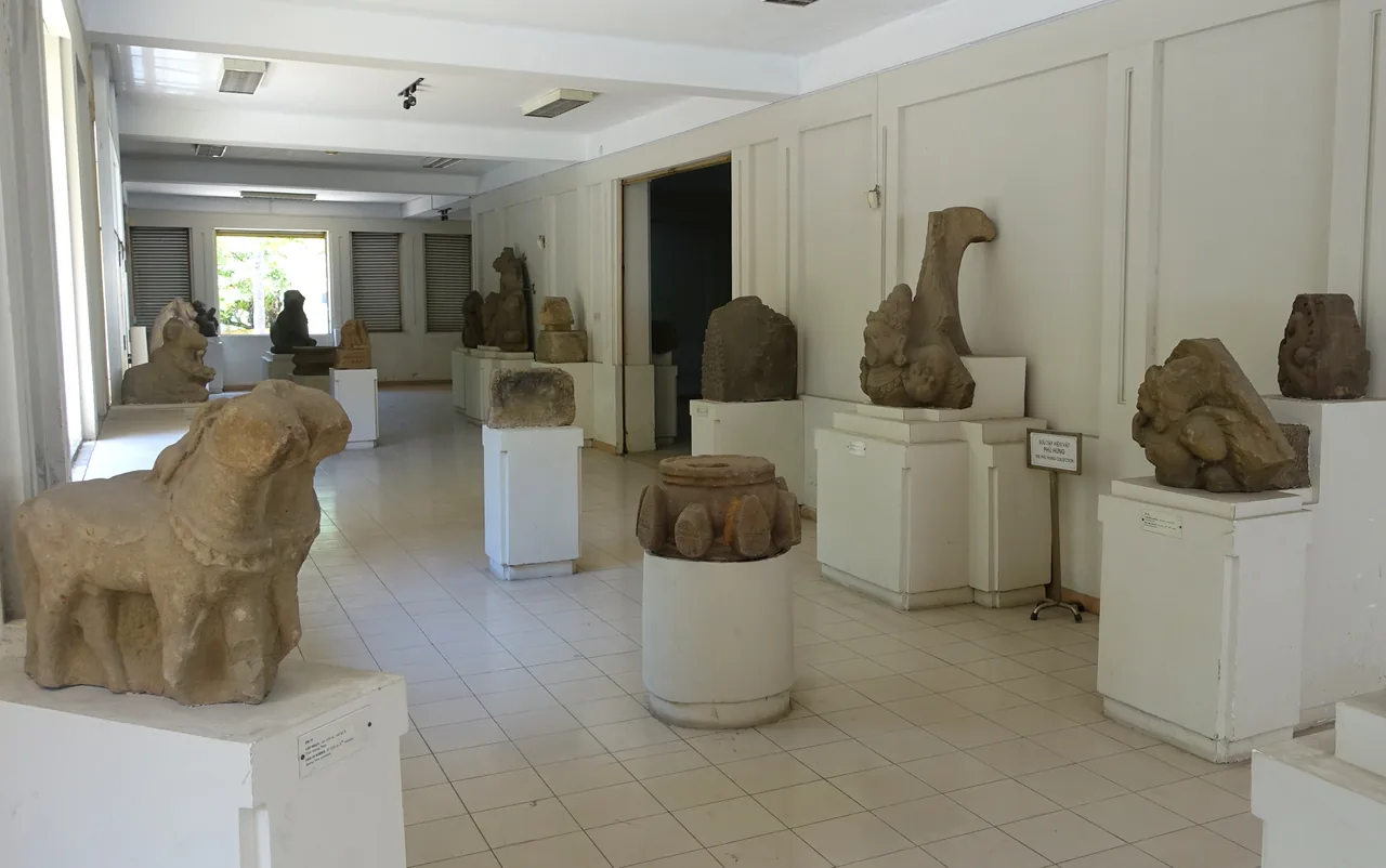 Sandstone Cham sculptures displayed in a gallery of the Museum of Cham Sculpture, Da Nang