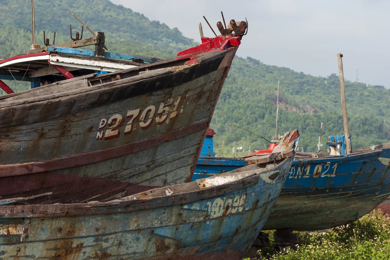 Traditional fishing boats on a beach east of Da Nang