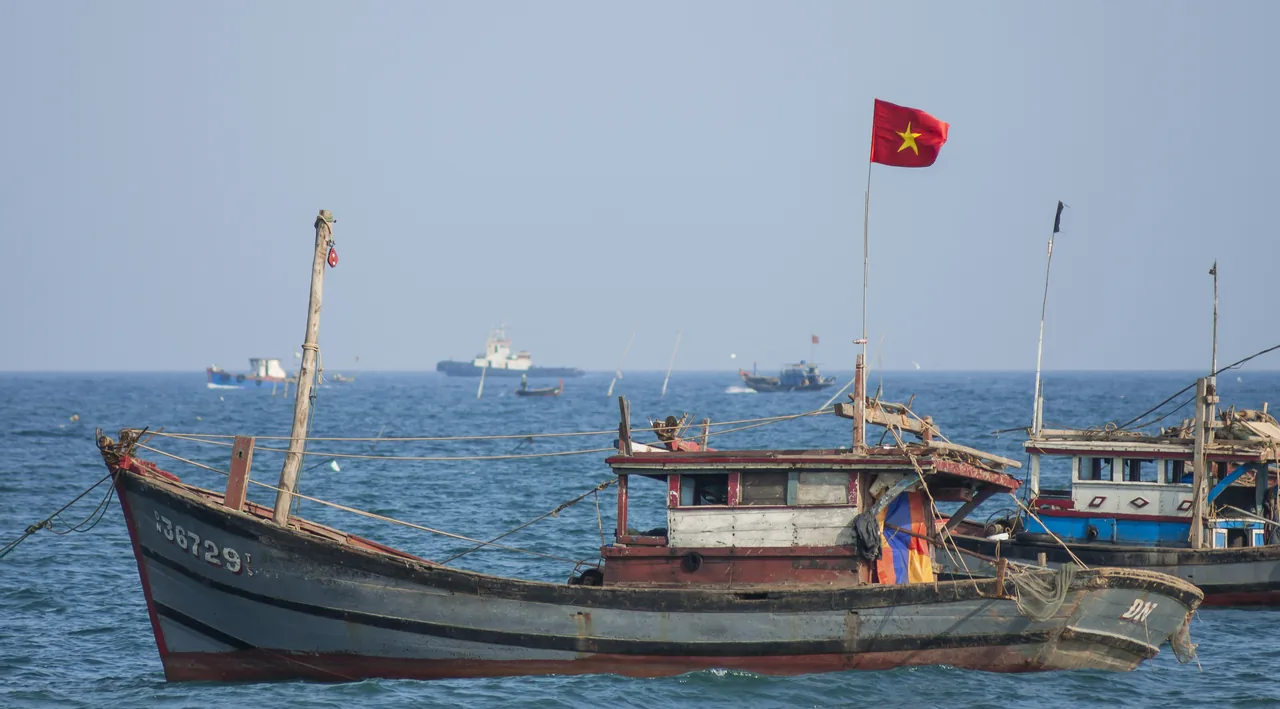 Traditional fishing boats on a beach east of Da Nang