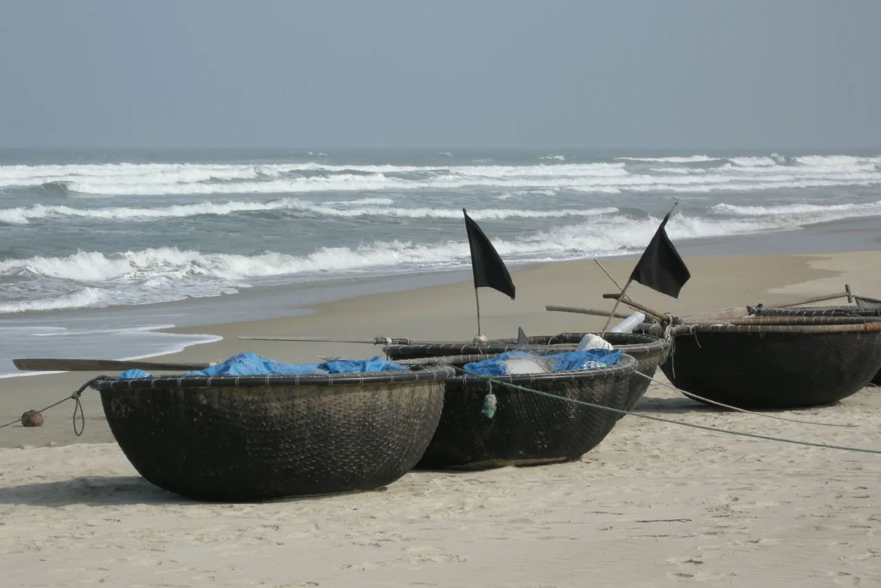 Traditional Vietnamese round basket boats on a Da Nang beach