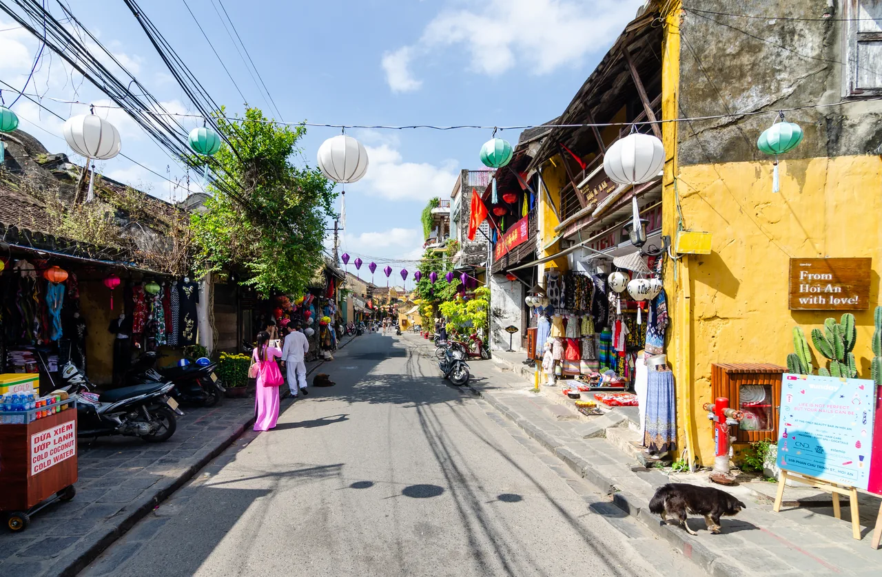 The yellow heritage houses of Hoi An Ancient Town on a sunny January day near Da Nang