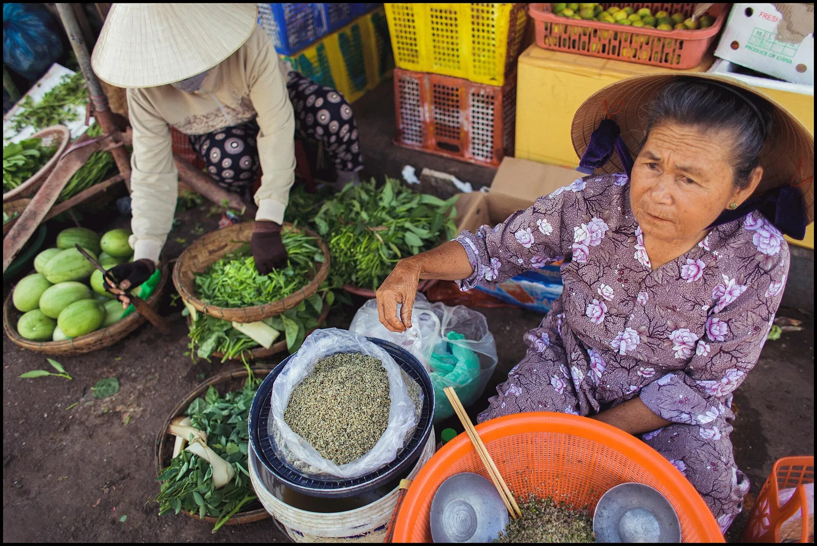 Colourful fresh produce and herbs at Hoi An central market