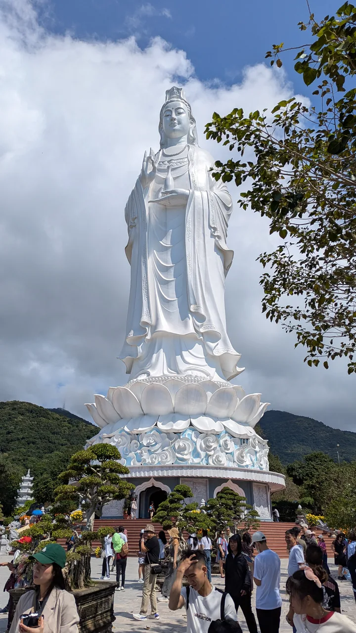 The tall white Lady Buddha statue at Linh Ung Pagoda on the Son Tra Peninsula in Da Nang
