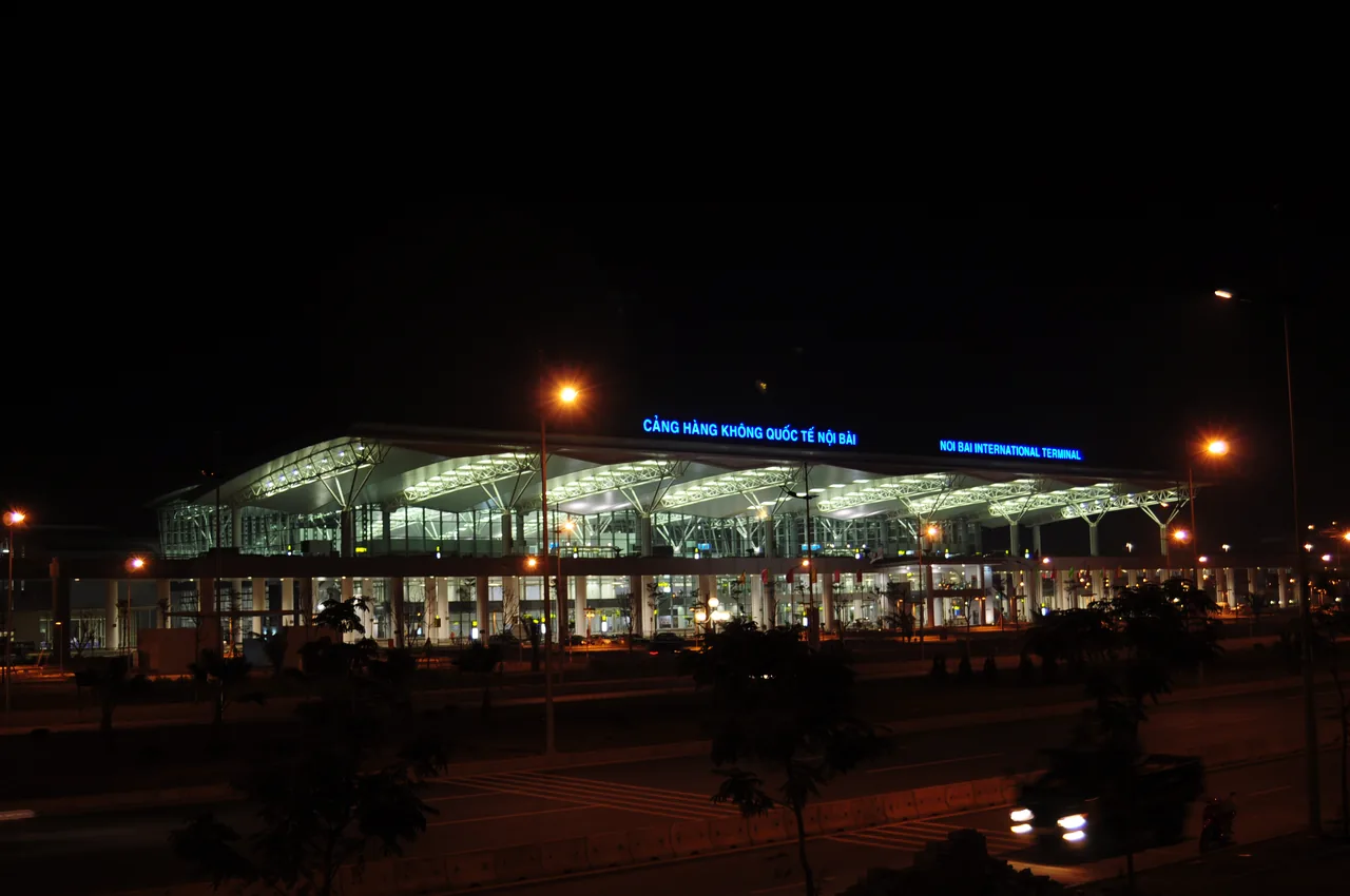 Noi Bai International Airport terminal in Hanoi lit up at night
