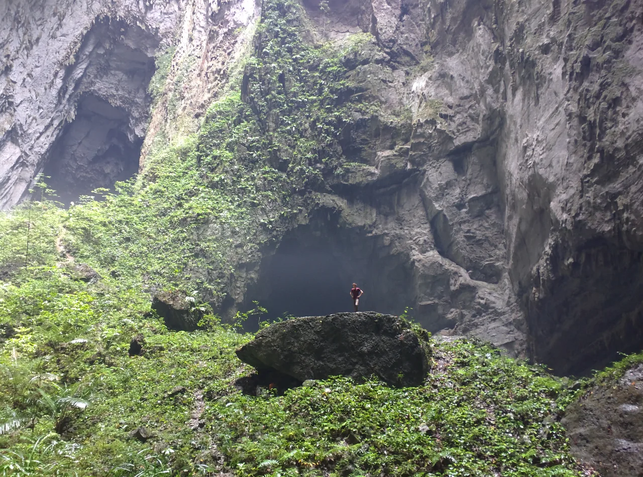 A person dwarfed by the jungle-filled collapsed doline of Son Doong, the largest cave on Earth, in Phong Nha