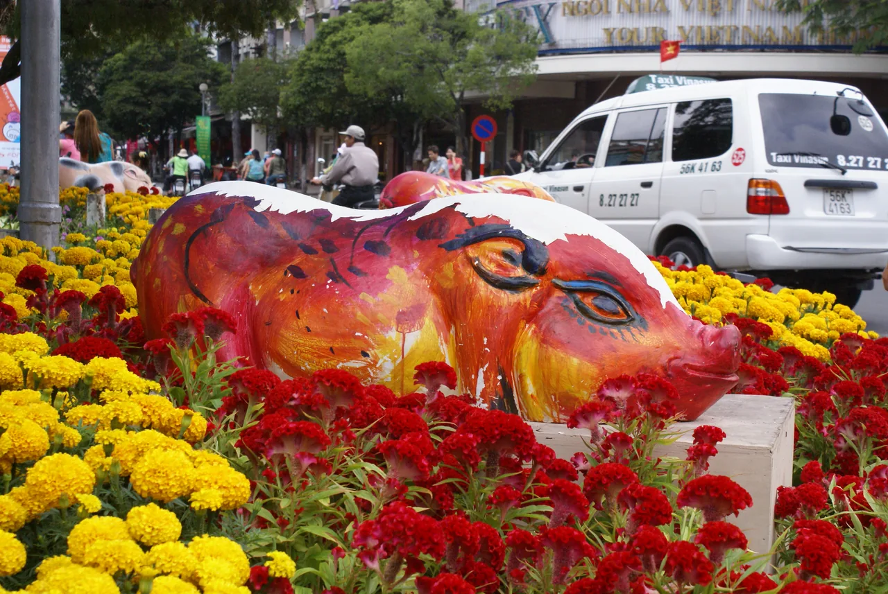Colourful red and gold decorations for the Tet Lunar New Year in Vietnam