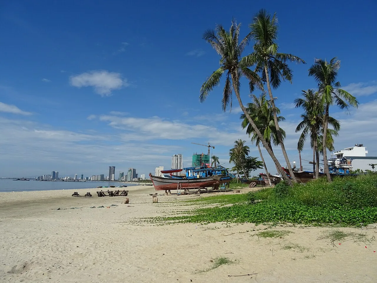 Round fishing boats and coconut palms on the sand at My Khe beach, with the Da Nang skyline behind Round fishing boats and coconut palms on the sand at My Khe beach, with the Da Nang skyline behind