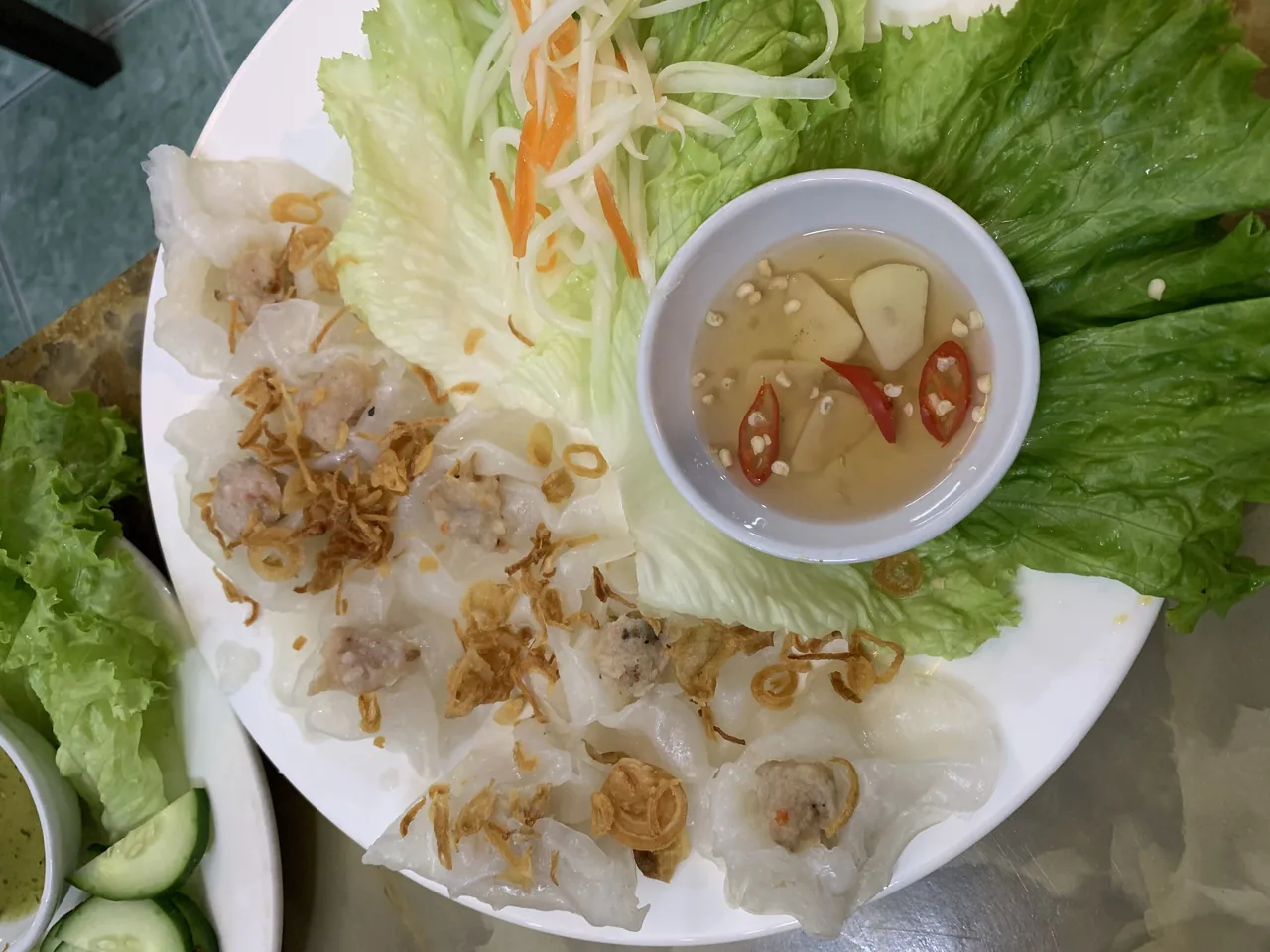 White Rose shrimp dumplings pleated to look like roses on a plate