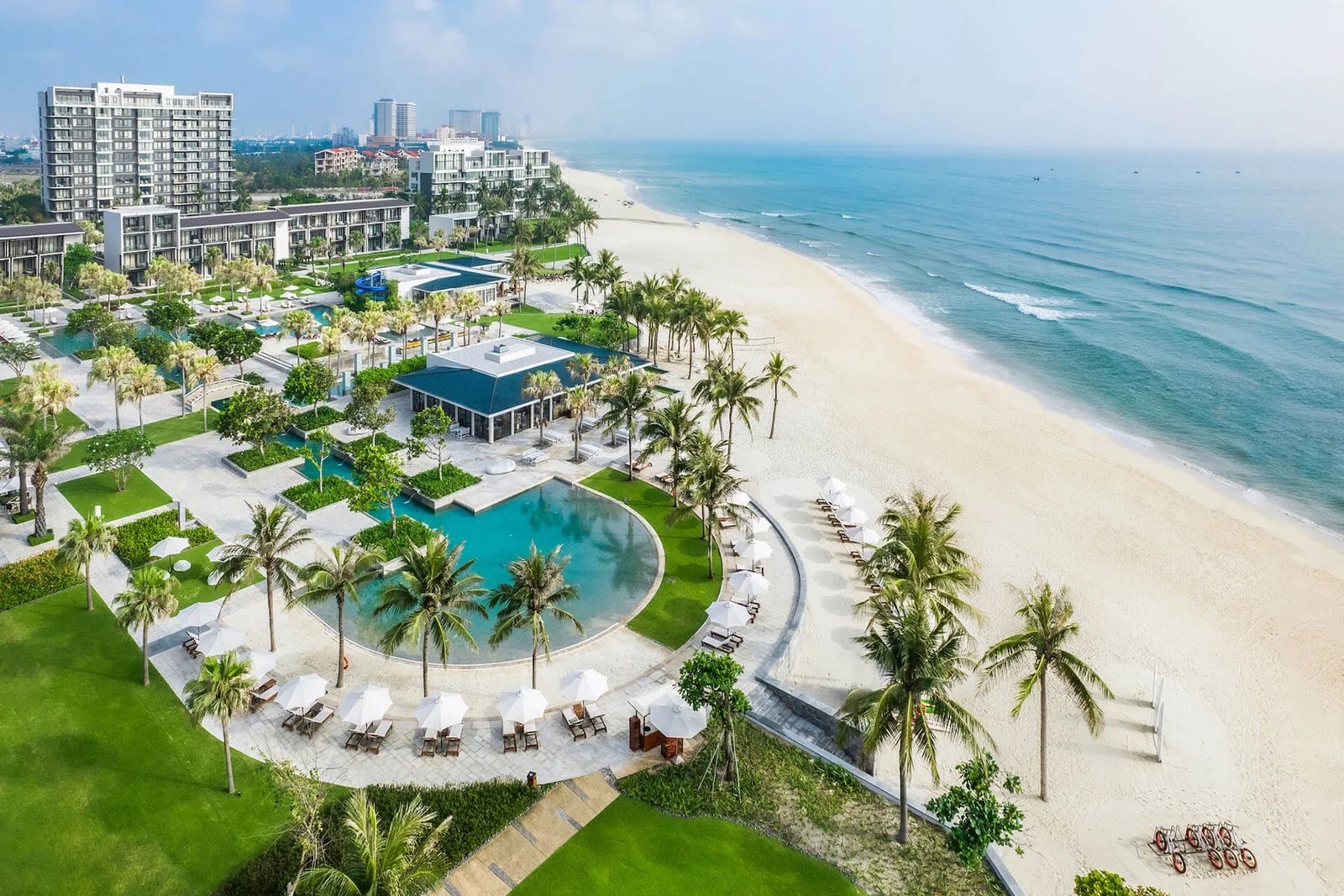 Aerial view of the full Hyatt Regency Danang Resort and Spa property and beachfront