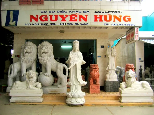 A stone-carving workshop storefront in Non Nuoc Village at the base of the Marble Mountains
