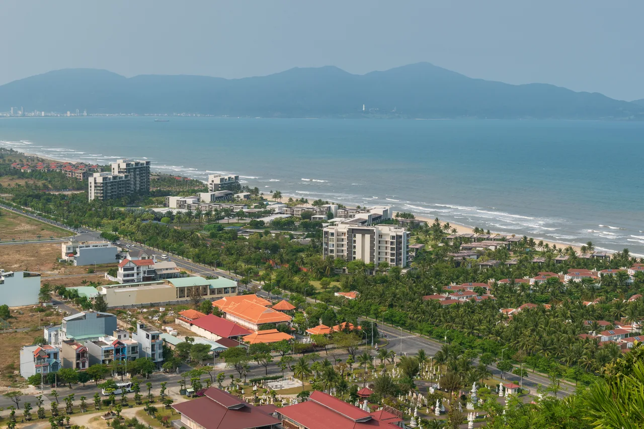Aerial view of Non Nuoc Beach and the Da Nang coastline from the Marble Mountains