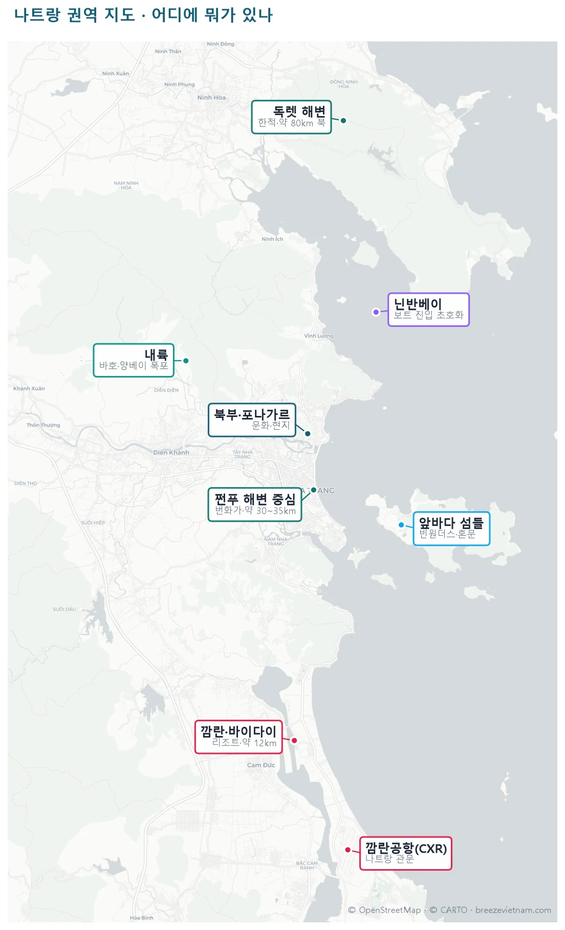 여행자 기준으로 본 나트랑 주요 구역과 앞바다 섬 위치 여행자 기준으로 본 나트랑 주요 구역과 앞바다 섬 위치