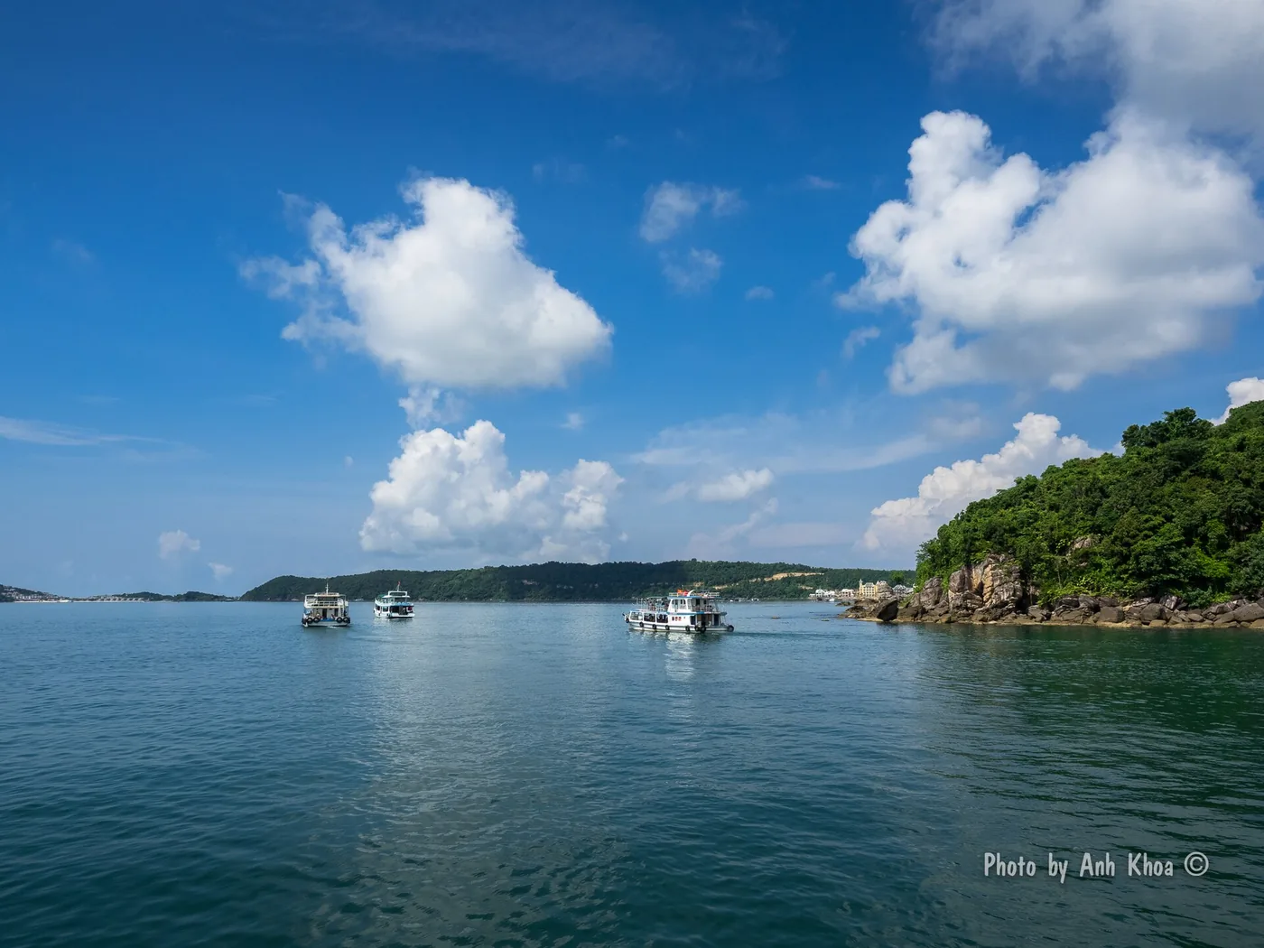 穏やかな水面に浮かぶ観光船二隻と、隣にのびる緑の岬。水平線に別の島が並ぶ
