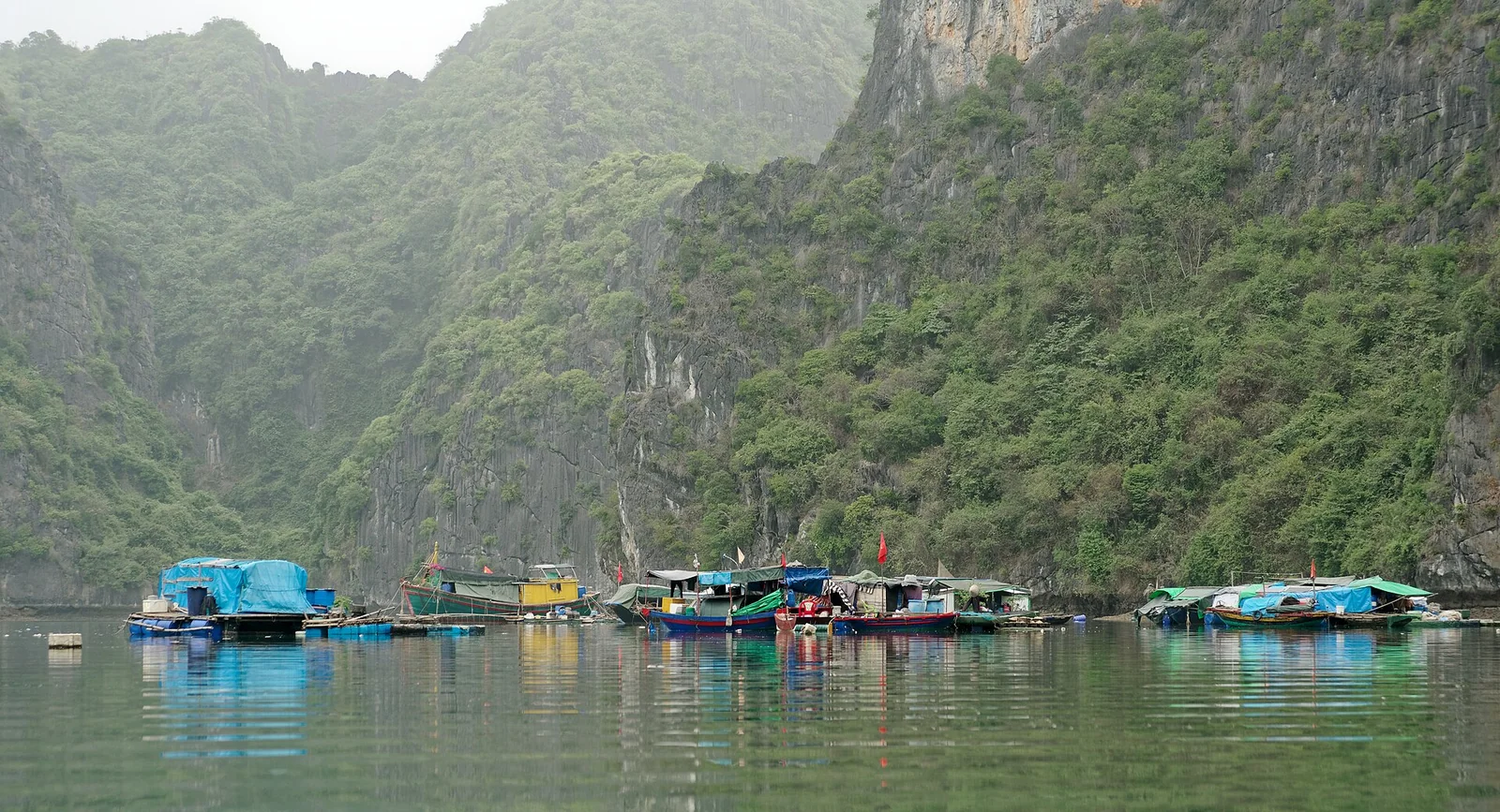 Floating houses and fish farm pens in a sheltered bay near Cat Ba island