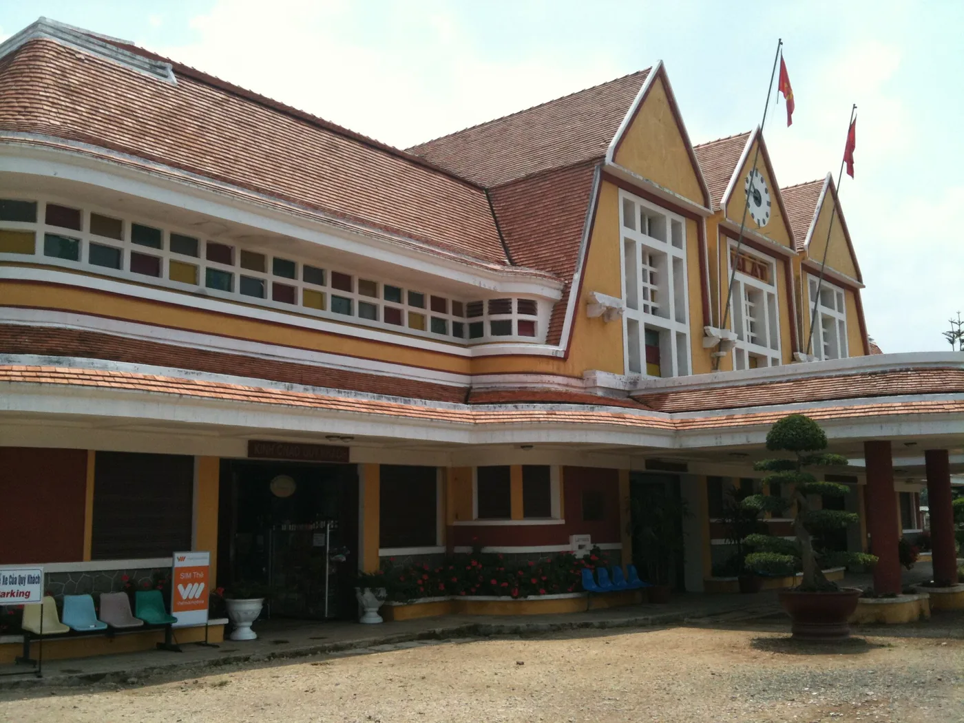 The front of Da Lat railway station with its three steep coloured gables