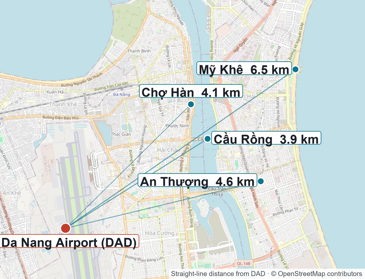 Map of Da Nang showing the airport and the straight-line distance to Han Market, the Dragon Bridge, An Thuong and My Khe beach
