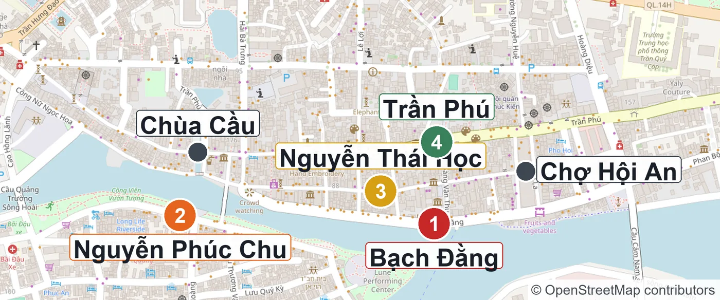 Map of Hoi An ancient town marking the order the streets flood, from Bach Dang on the quay to Tran Phu two blocks inland