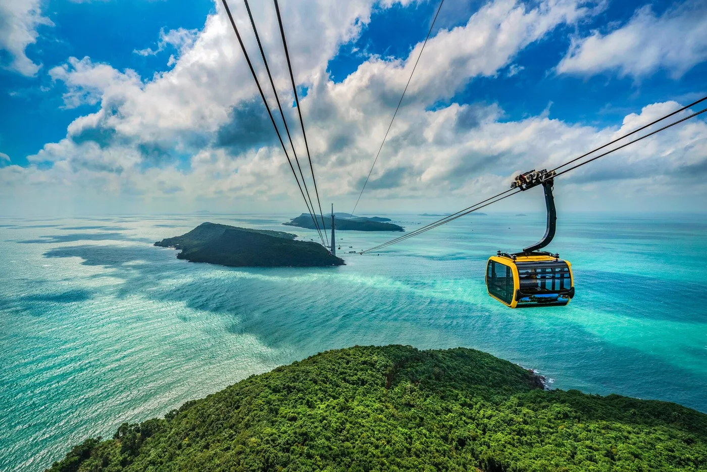A Hon Thom cable car cabin crossing the sea between Sunset Town and Hon Thom island, Phu Quoc, Vietnam
