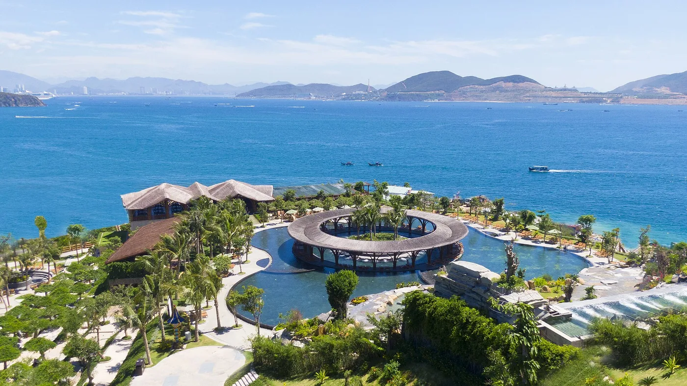 Aerial view of the mud bath and mineral pool complex on Hon Tam island, Nha Trang Bay, Vietnam