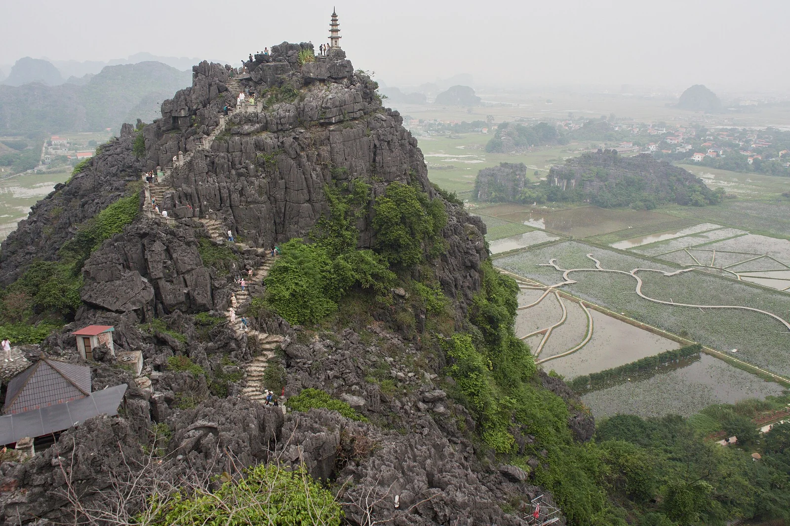 The stepped ridge path at Hang Mua in Ninh Binh with a tower at the summit and rice fields below