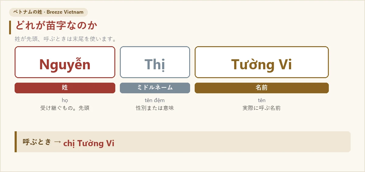 ベトナムの名前を姓・ミドルネーム・名前に分けた図
