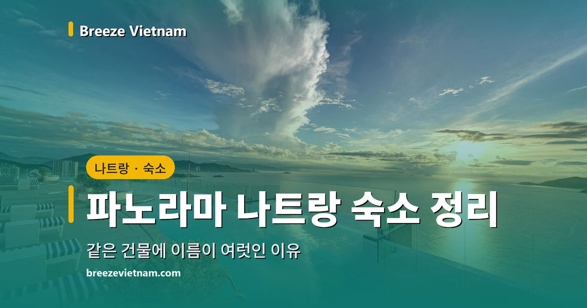 파노라마 나트랑 숙소 안내 카드. 40층 인피니티 풀 사진 위에 제목을 올린 그림