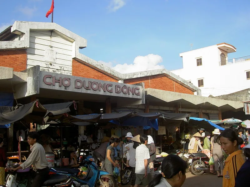 陽東市場入口的「CHỢ DƯƠNG ĐÔNG」招牌,前面停著機車,有人在走動 陽東市場入口的「CHỢ DƯƠNG ĐÔNG」招牌,前面停著機車,有人在走動