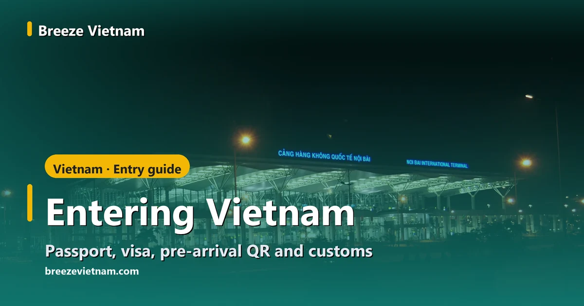 Entering Vietnam guide card over Noi Bai International Airport terminal at night