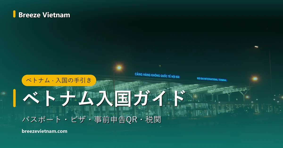 ベトナム入国ガイドのカード、背景は夜のノイバイ国際空港ターミナル