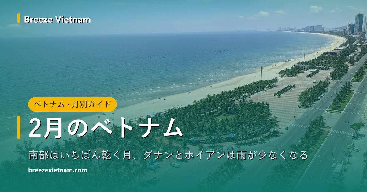 2月のベトナム月別ガイドのカード、背景はダナンの長いビーチの空撮