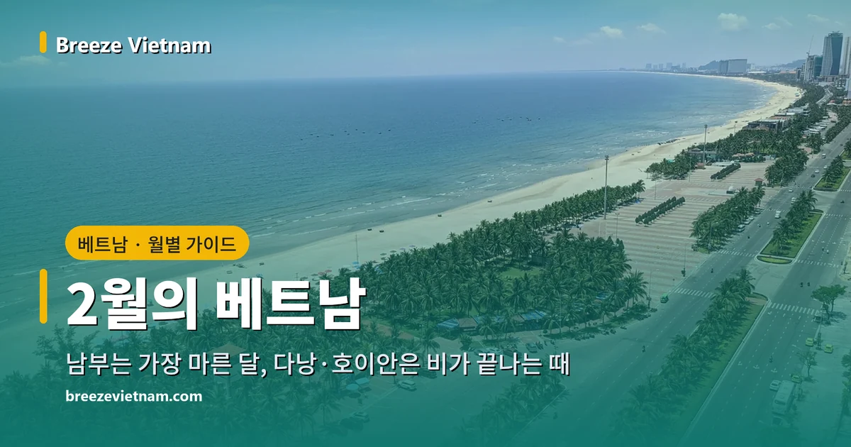 2월의 베트남 월별 가이드 카드, 다낭의 긴 해변을 위에서 본 사진 배경