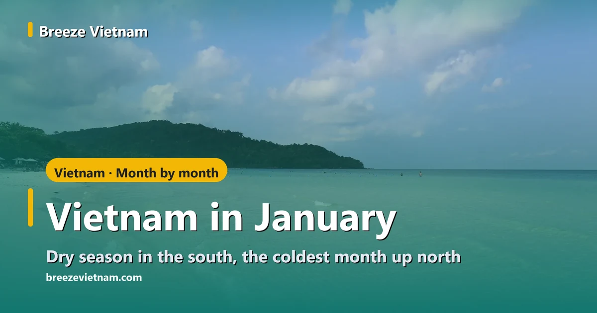 Vietnam in January guide card over a white-sand beach and clear water on Phu Quoc