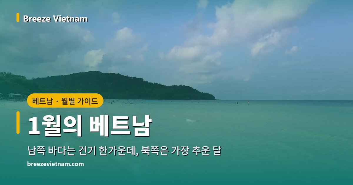 1월의 베트남 월별 가이드 카드, 푸꾸옥 흰 모래 해변과 맑은 바다 배경